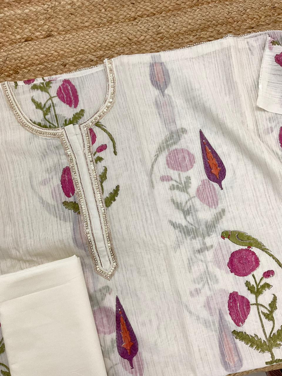 Pure Chanderi Self Weaved Block Printed Embroidered Suit - Off White
