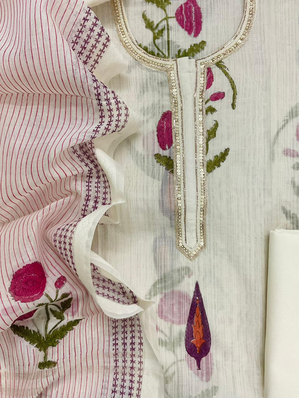 Pure Chanderi Self Weaved Block Printed Embroidered Suit - Off White