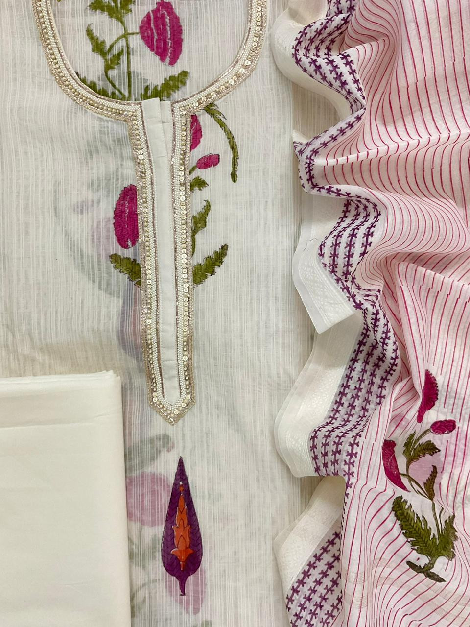 Pure Chanderi Self Weaved Block Printed Embroidered Suit - Off White