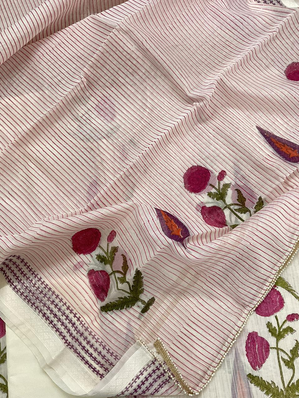 Pure Chanderi Self Weaved Block Printed Embroidered Suit - Off White
