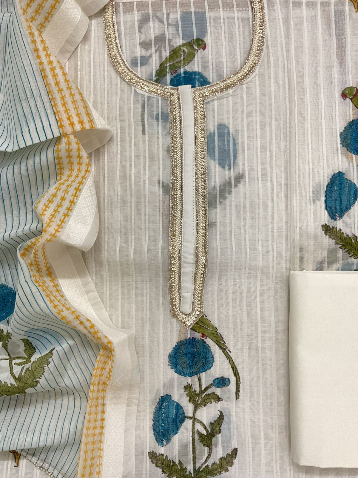 Pure Chanderi Self Weaved Block Printed Embroidered Suit - Off White