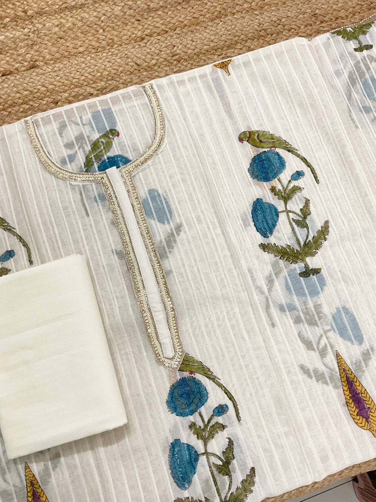 Pure Chanderi Self Weaved Block Printed Embroidered Suit - Off White