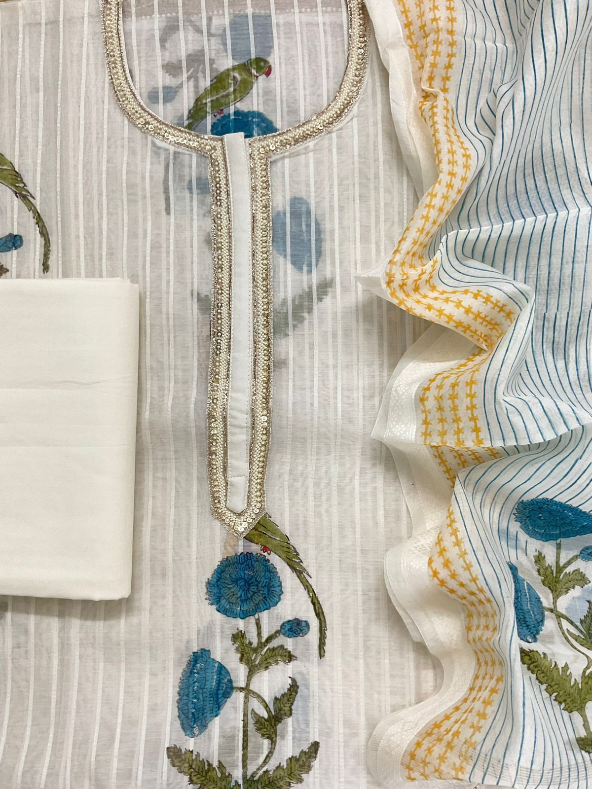 Pure Chanderi Self Weaved Block Printed Embroidered Suit - Off White