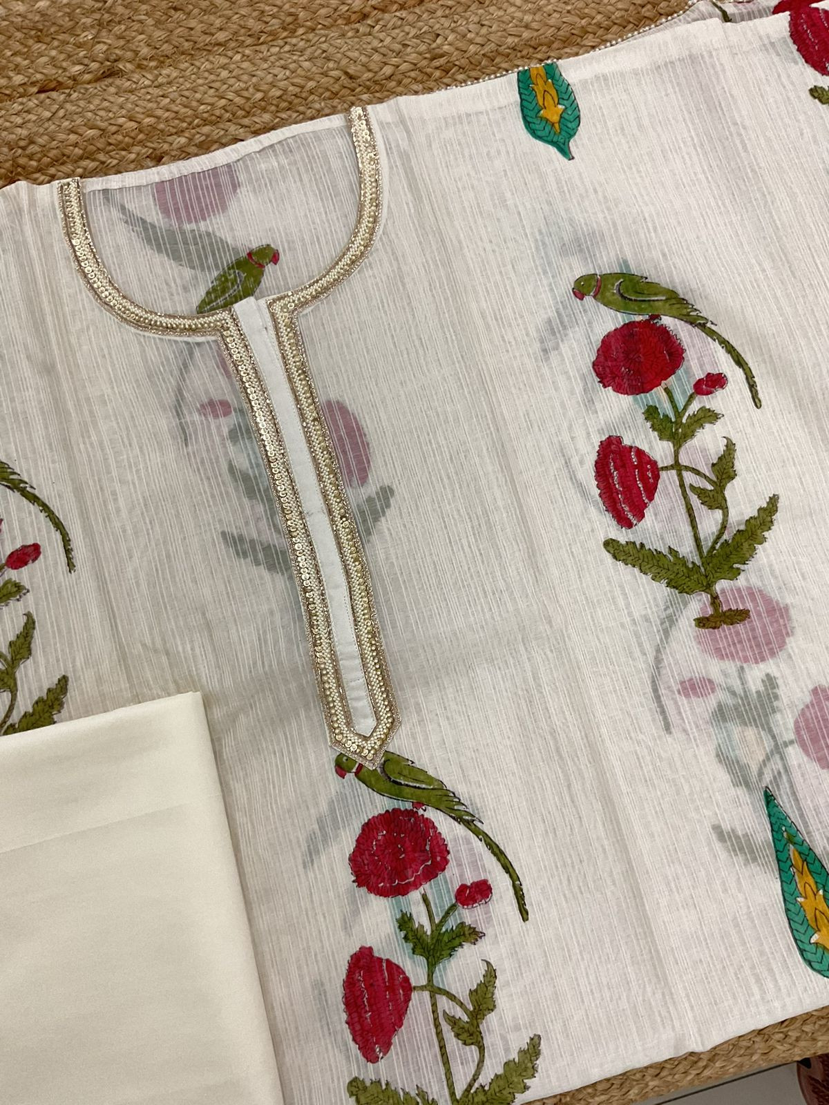 Pure Chanderi Self Weaved Block Printed Embroidered Suit - Off White