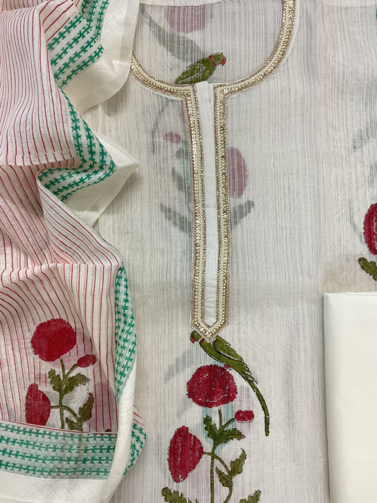 Image of Pure Chanderi Self Weaved Block Printed Embroidered Suit - Off White