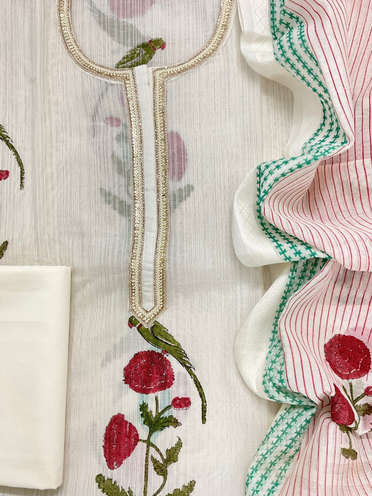 Pure Chanderi Self Weaved Block Printed Embroidered Suit - Off White