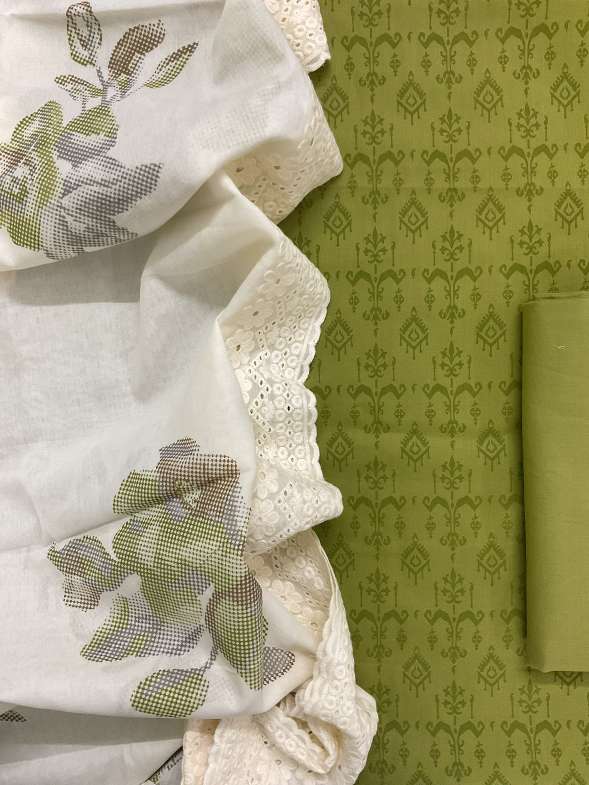 Pure Cotton Printed Embroidered Suit - Green