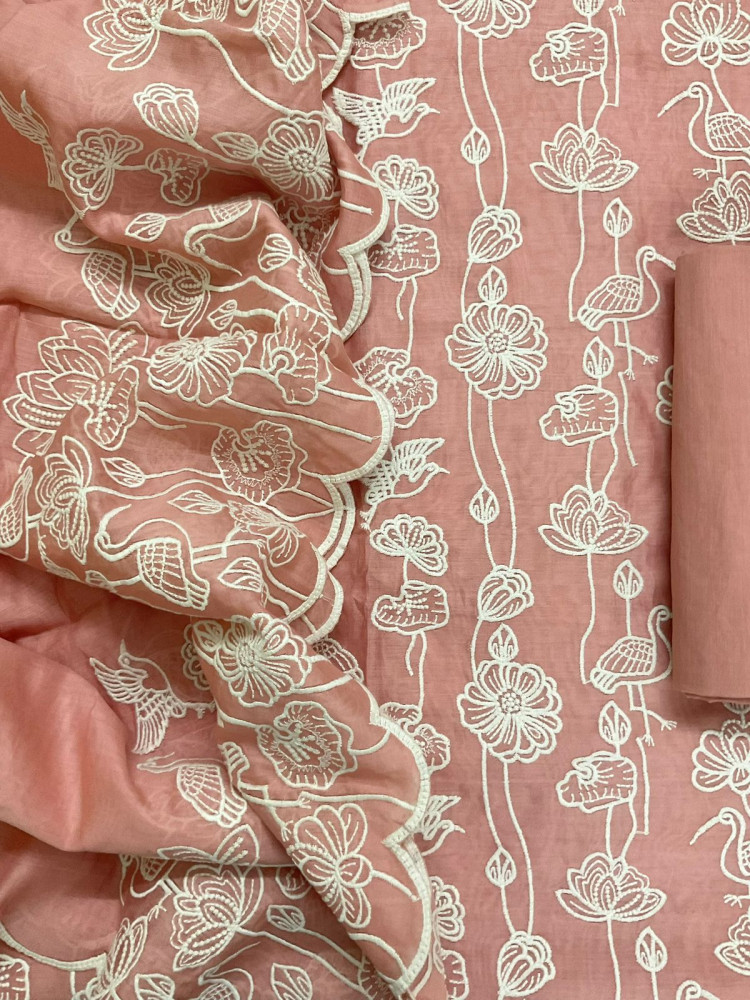 Image of Pure Chanderi Embroidered Suit - Peach