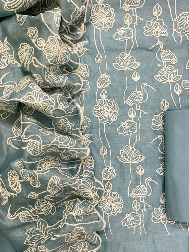 Image of Pure Chanderi Embroidered Suit - Grey