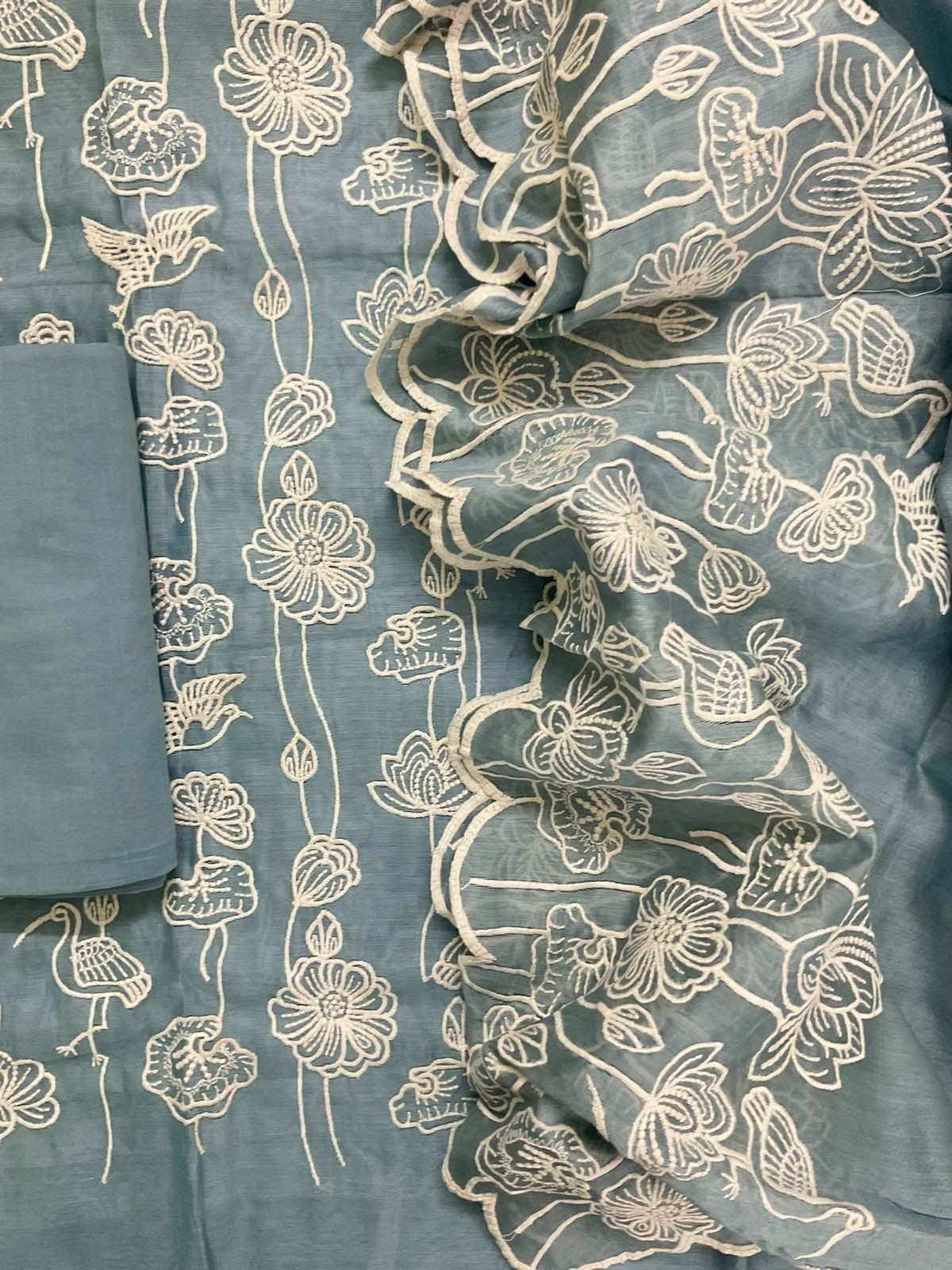 Pure Chanderi Embroidered Suit - Grey