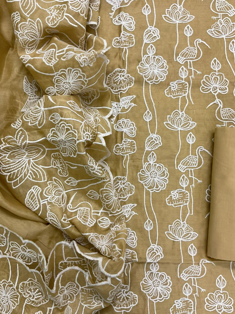 Image of Pure Chanderi Embroidered Suit - Mustard