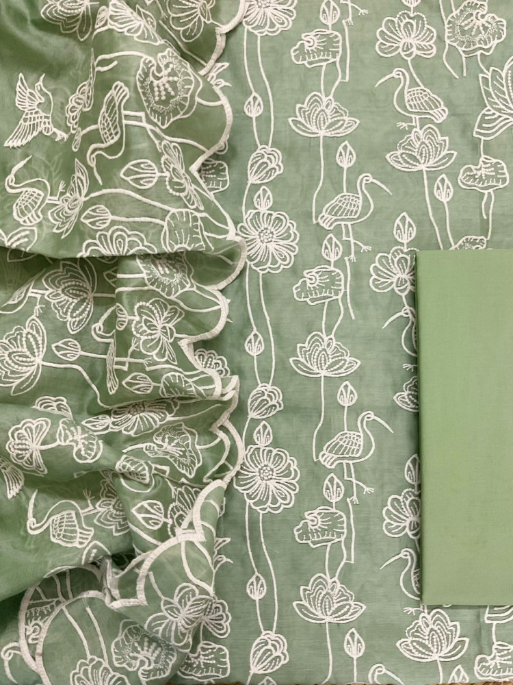 Image of Pure Chanderi Embroidered Suit - Green