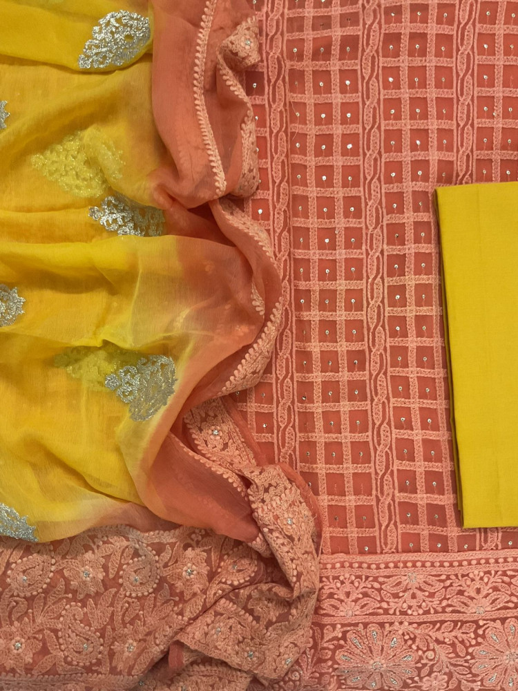 Image of Pure Georgette Embroidered Suit - Orange
