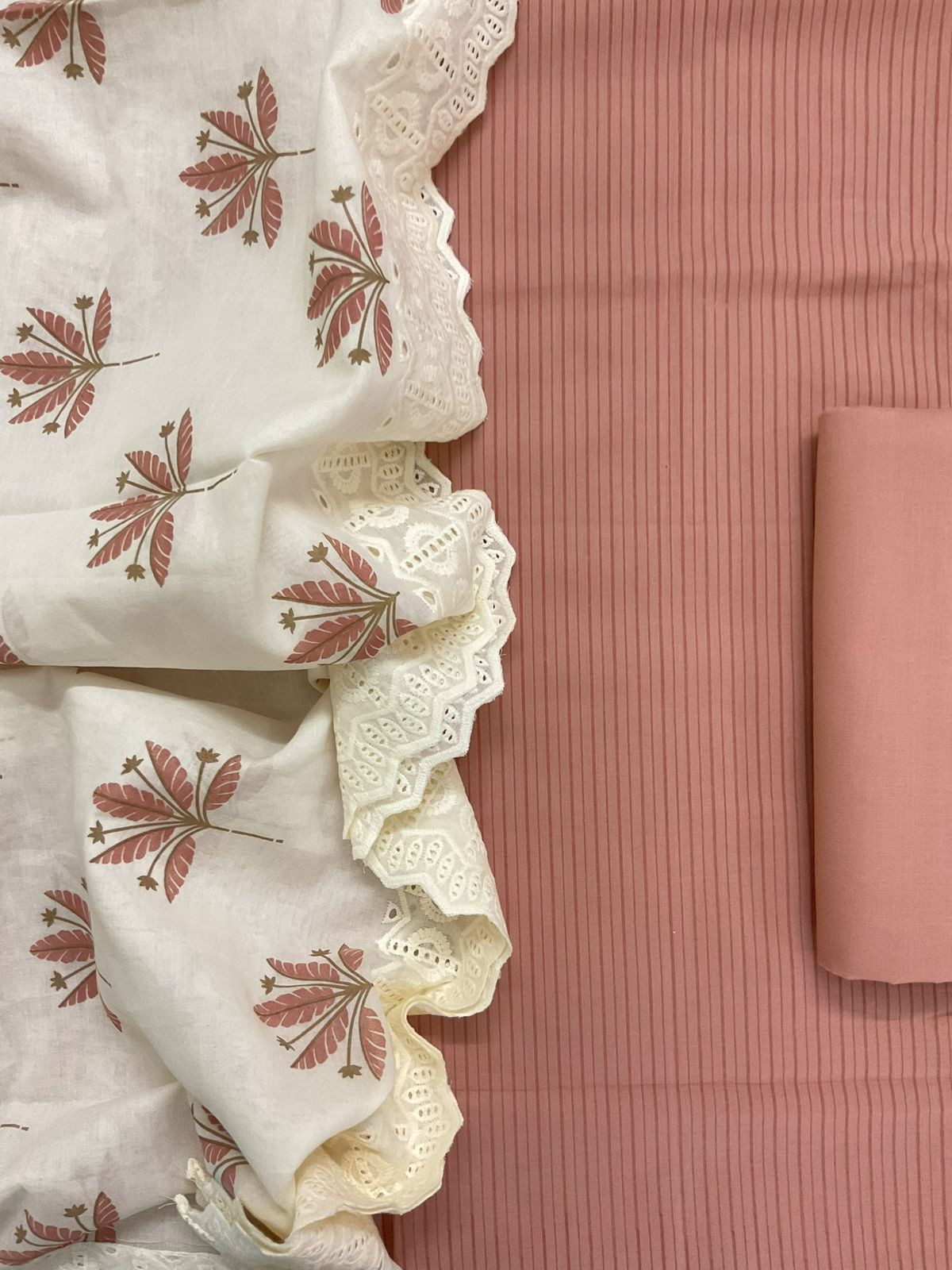 Pure Cotton Printed Embroidered Suit - Peach