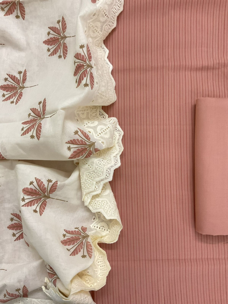 Image of Pure Cotton Printed Embroidered Suit - Peach