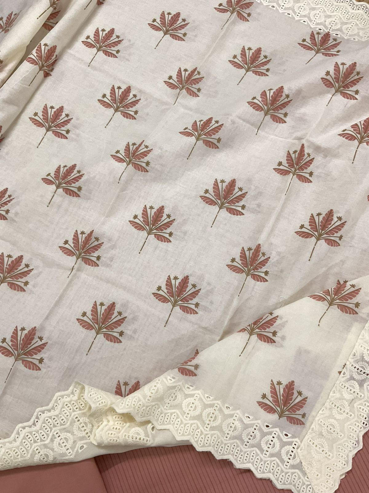 Pure Cotton Printed Embroidered Suit - Peach