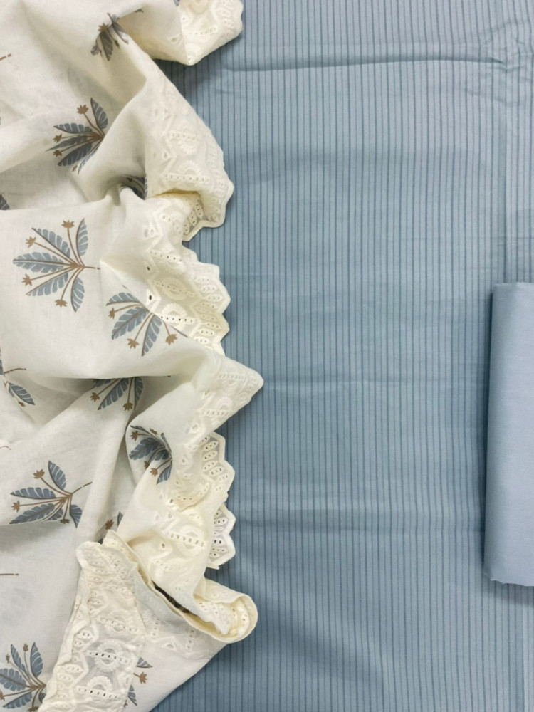 Image of Pure Cotton Printed Embroidered Suit - Grey