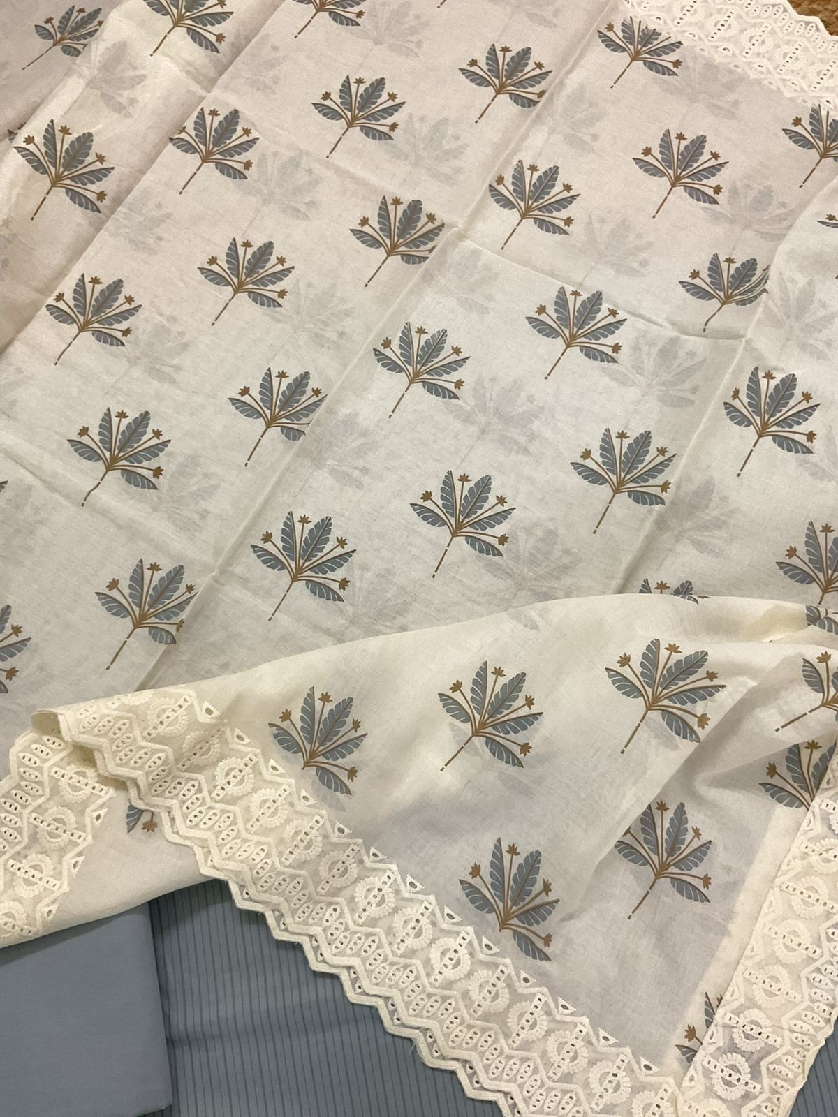 Pure Cotton Printed Embroidered Suit - Grey