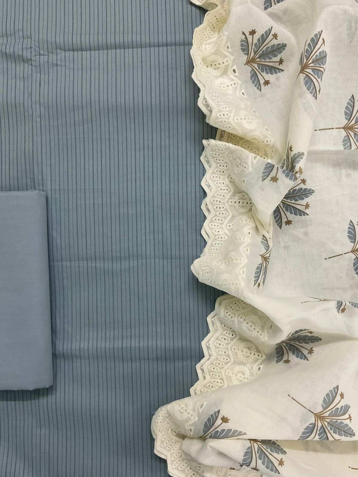 Pure Cotton Printed Embroidered Suit - Grey