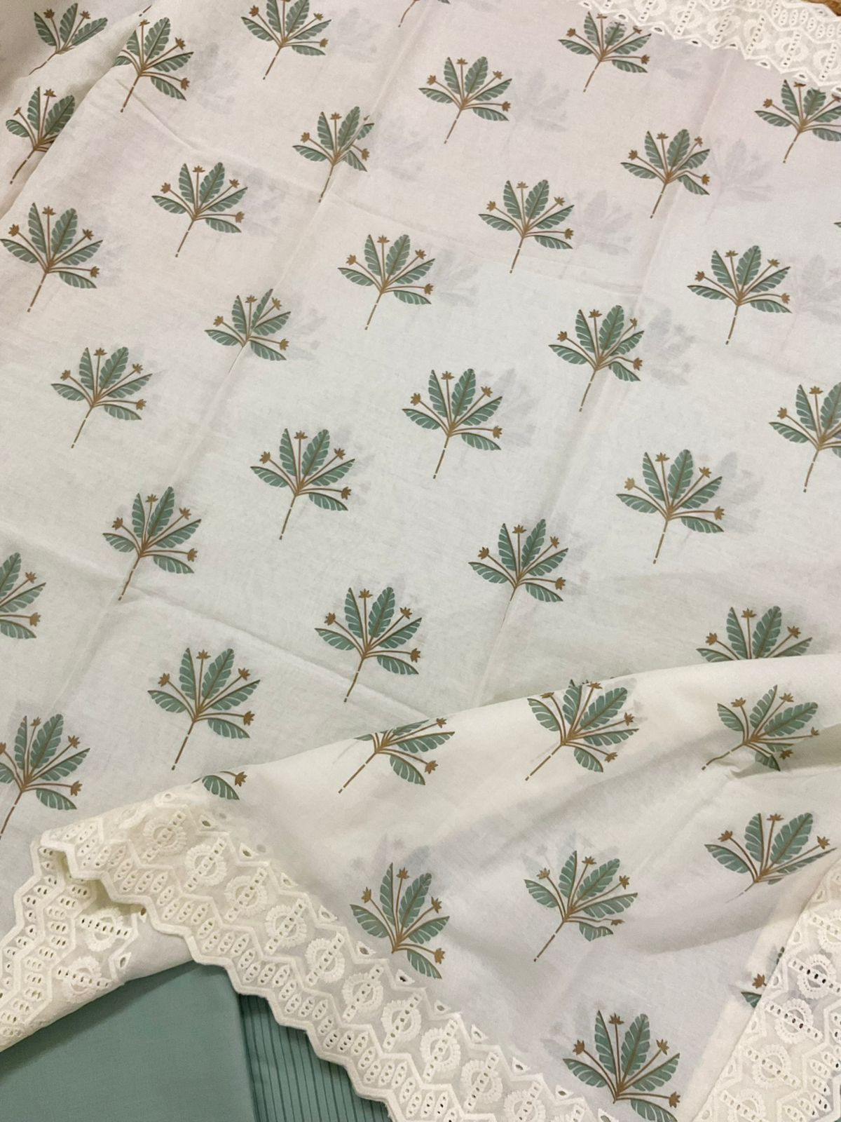 Pure Cotton Printed Embroidered Suit - Green