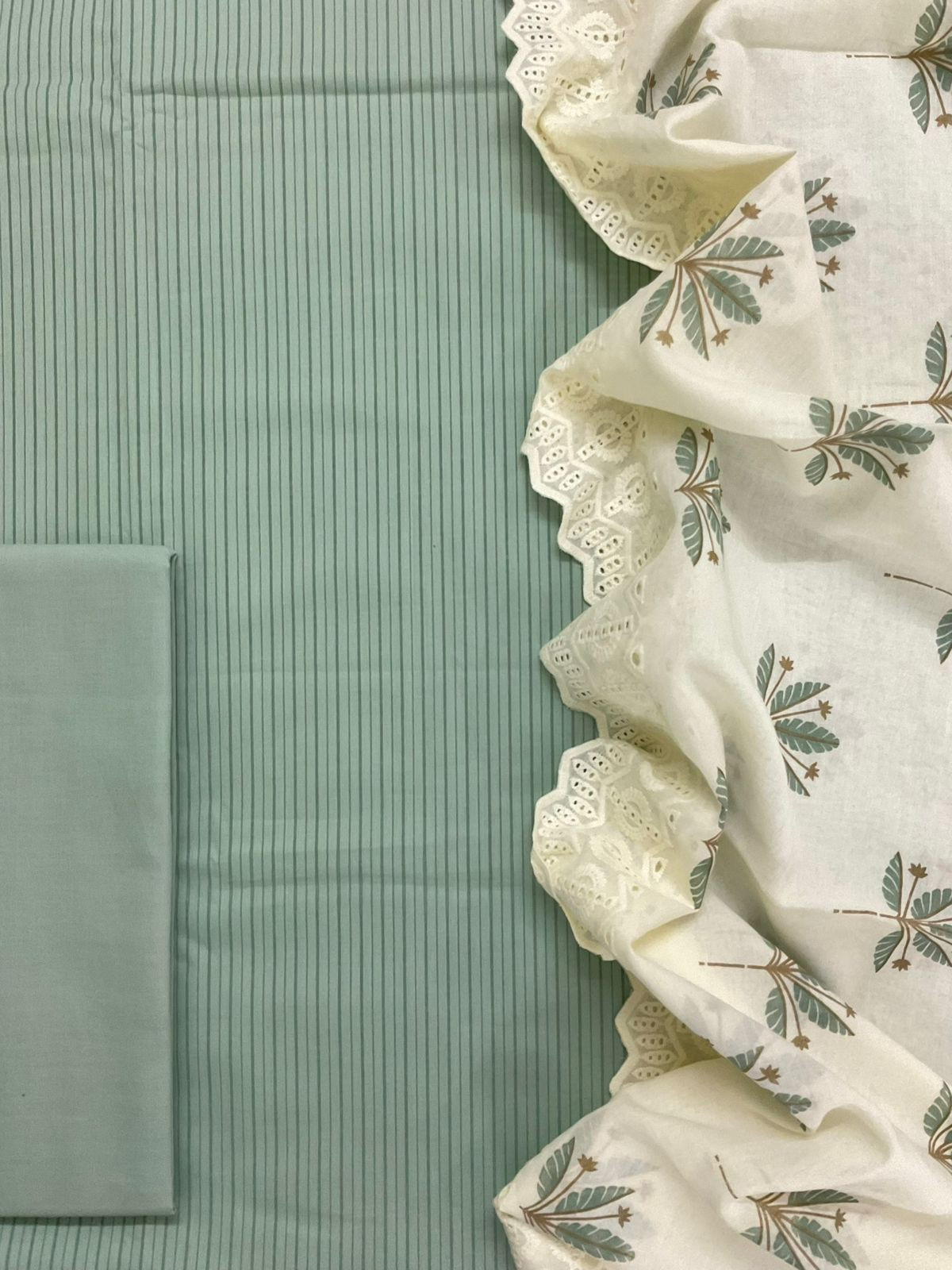 Pure Cotton Printed Embroidered Suit - Green
