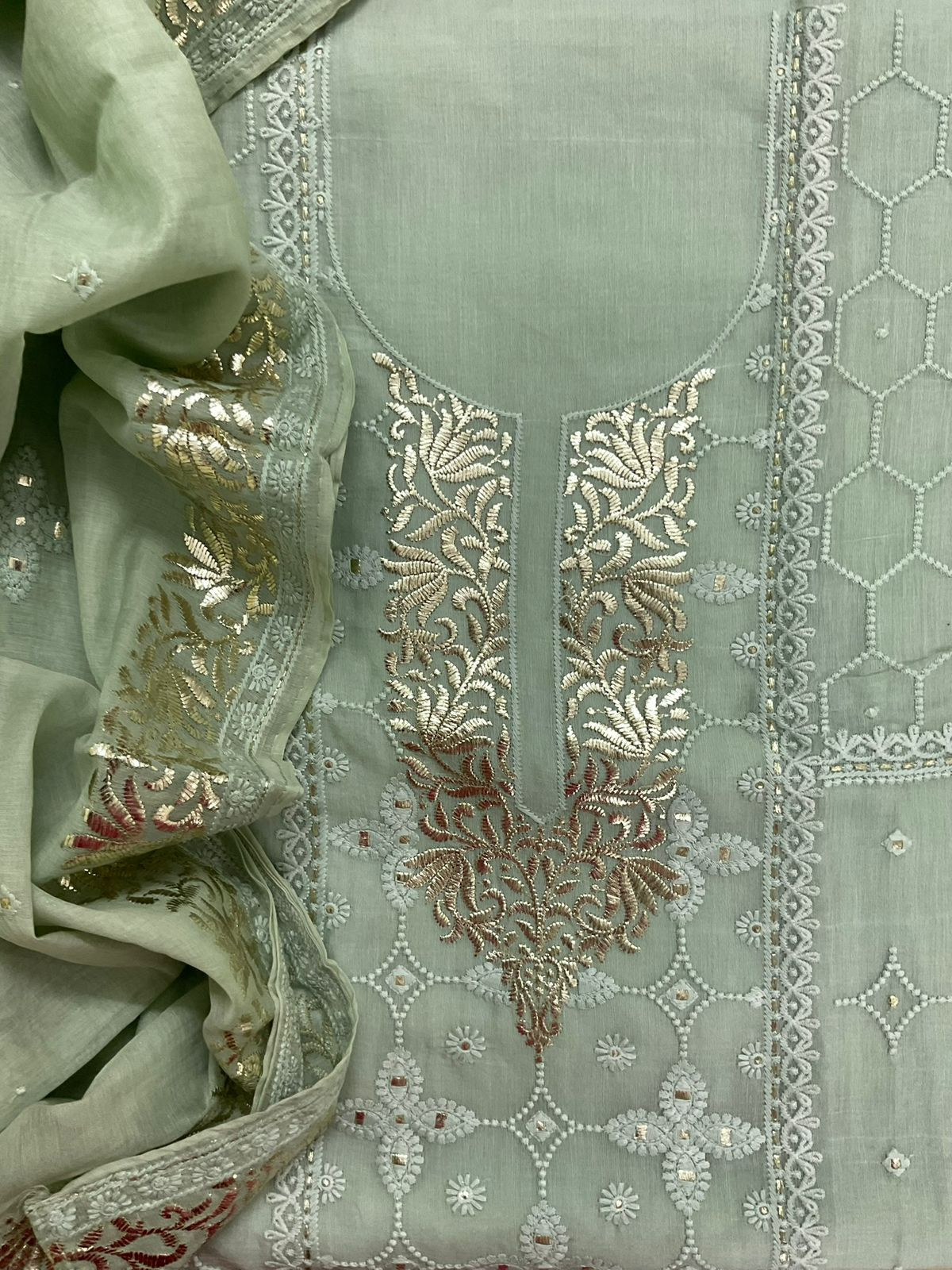 Pure Chanderi Embroidered Suit - Green