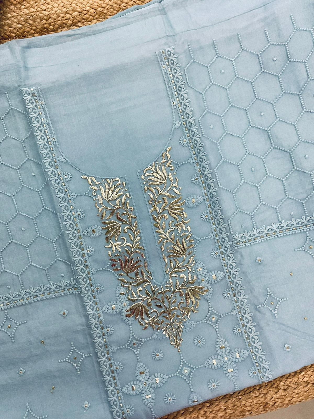 Pure Chanderi Embroidered Suit - Blue
