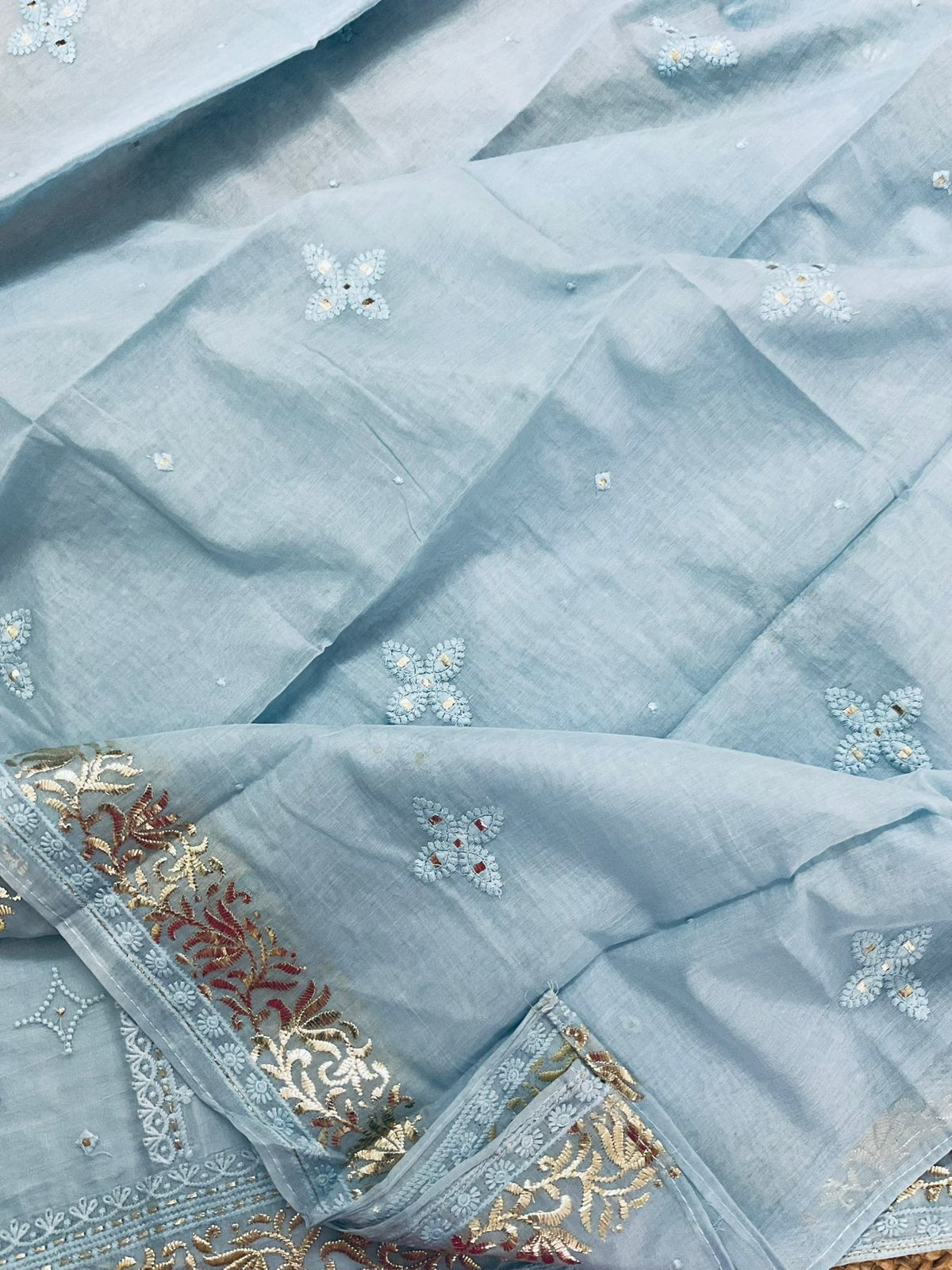 Pure Chanderi Embroidered Suit - Blue