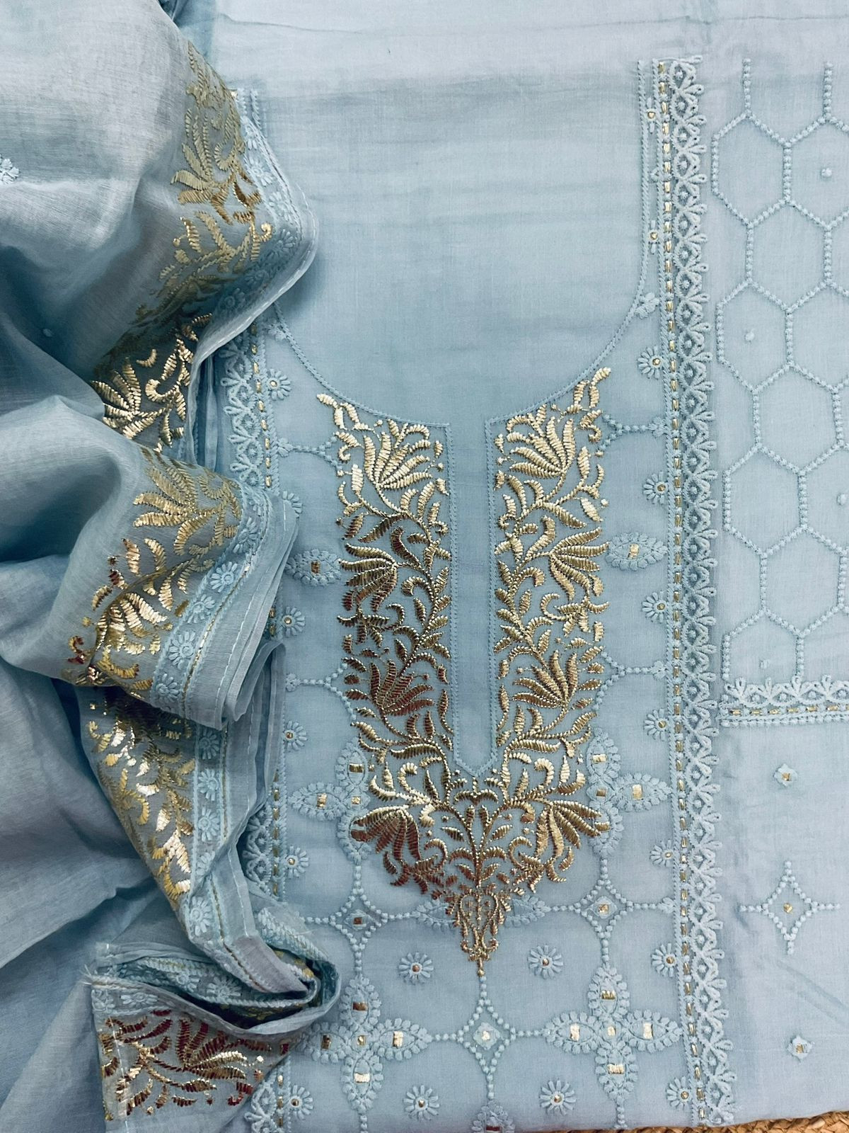 Pure Chanderi Embroidered Suit - Blue