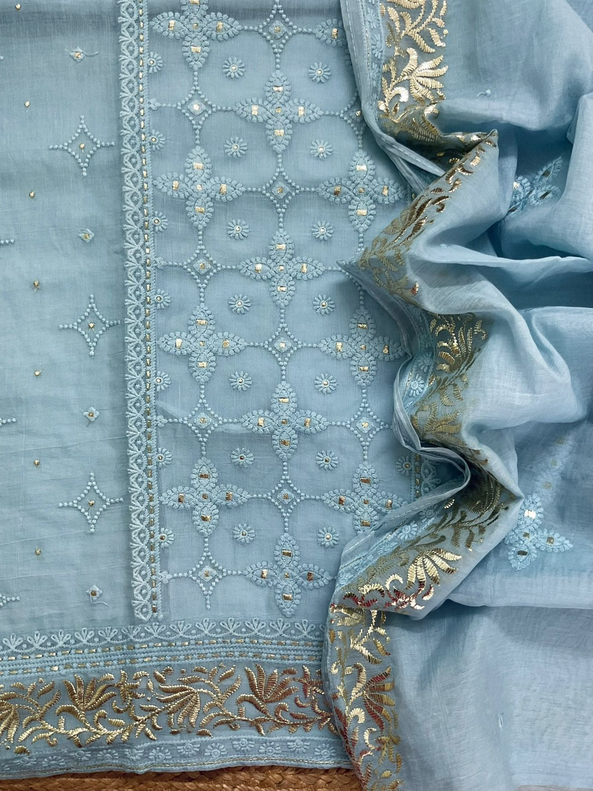 Pure Chanderi Embroidered Suit - Blue