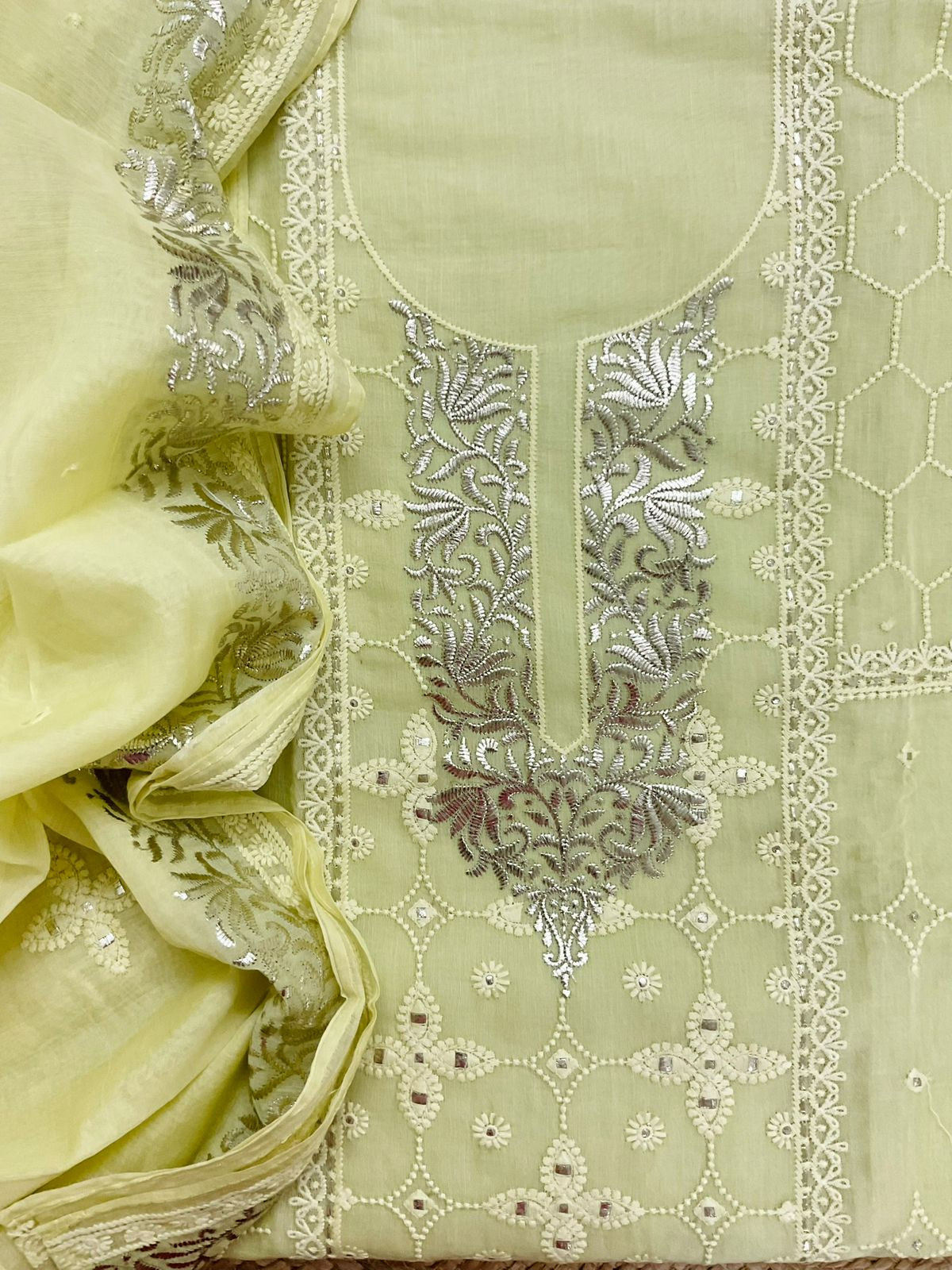 Pure Chanderi Embroidered Suit - Light Lime