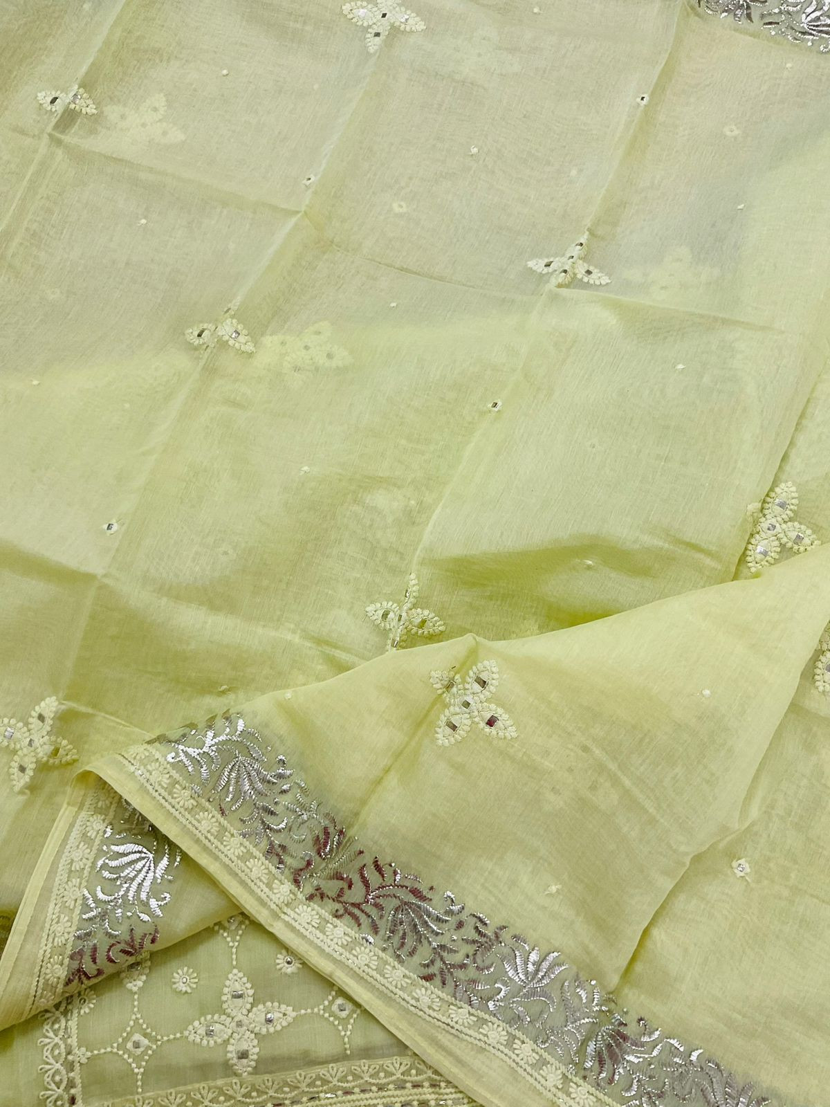 Pure Chanderi Embroidered Suit - Light Lime