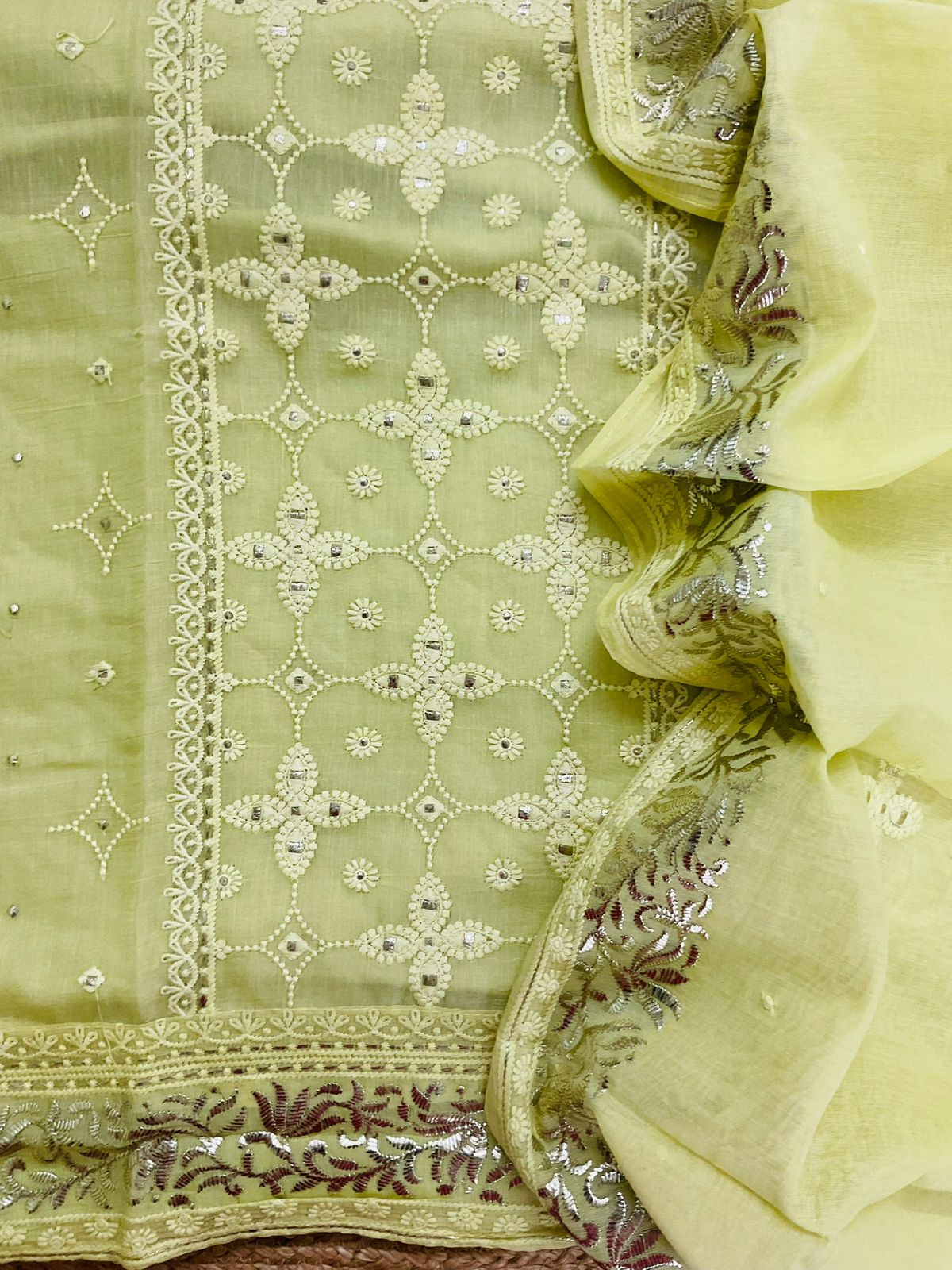 Pure Chanderi Embroidered Suit - Light Lime
