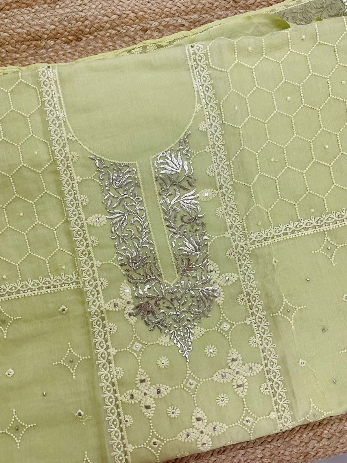Pure Chanderi Embroidered Suit - Light Lime