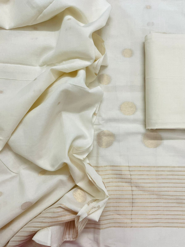 Image of Pure Handloom Cotton Self Weaved Suit - Off White
