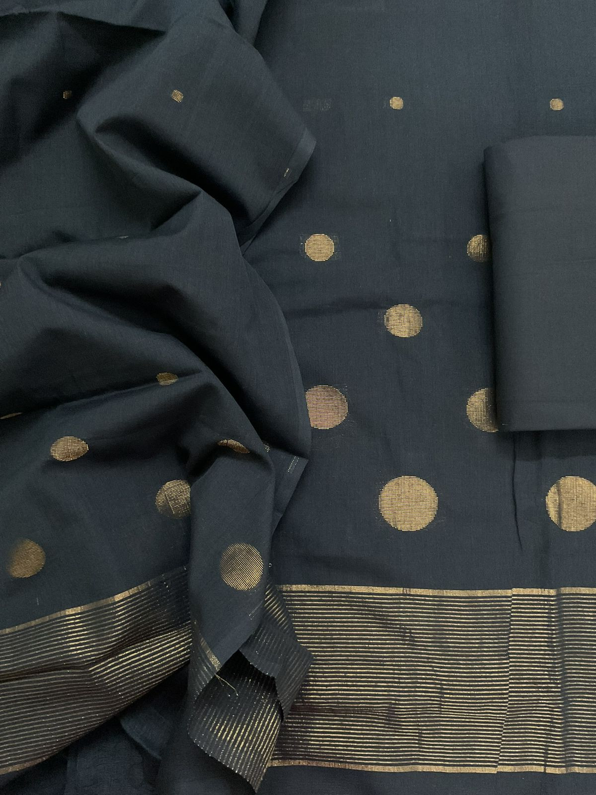 Pure Handloom Cotton Self Weaved Suit - Black