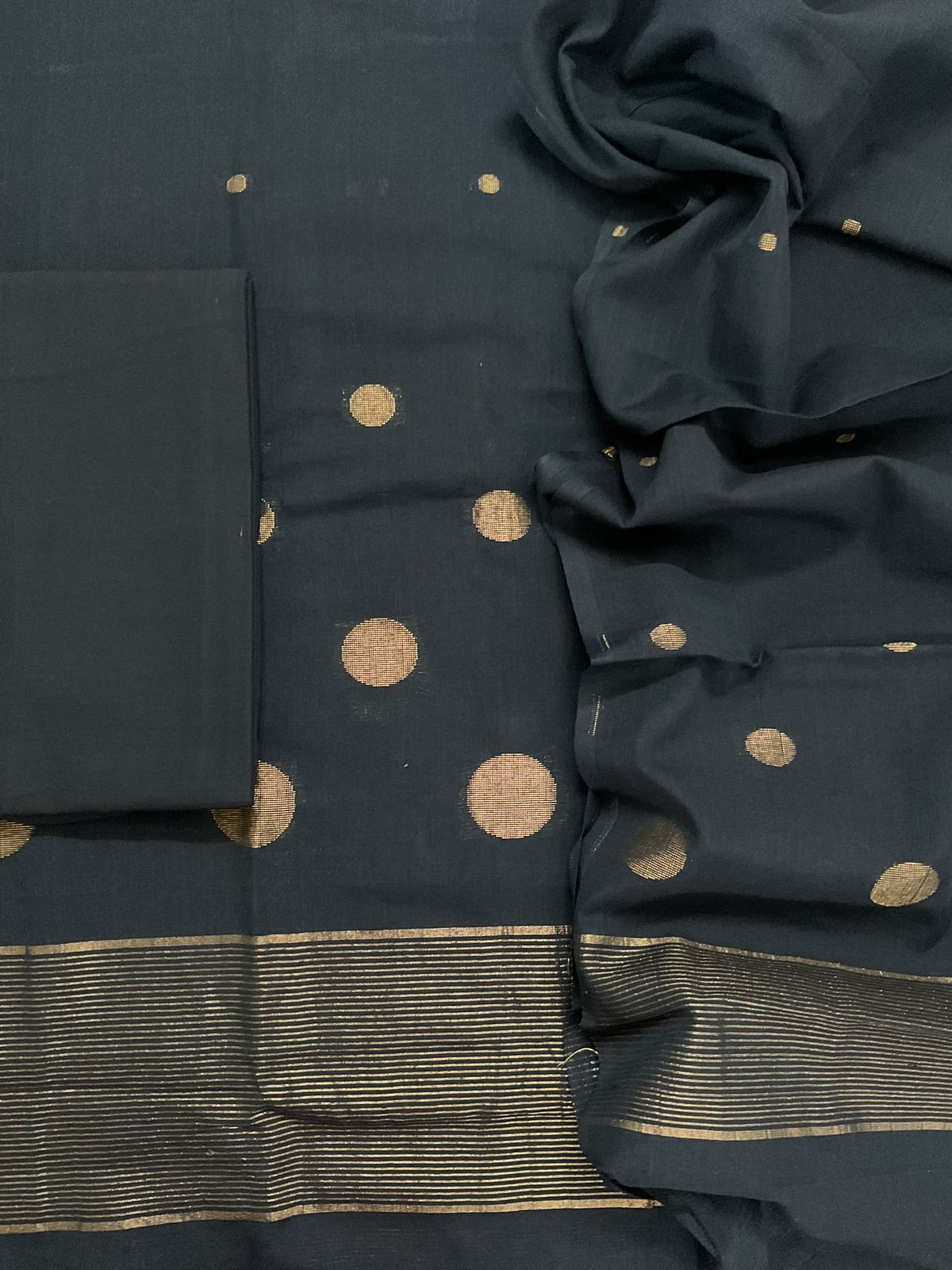 Pure Handloom Cotton Self Weaved Suit - Black
