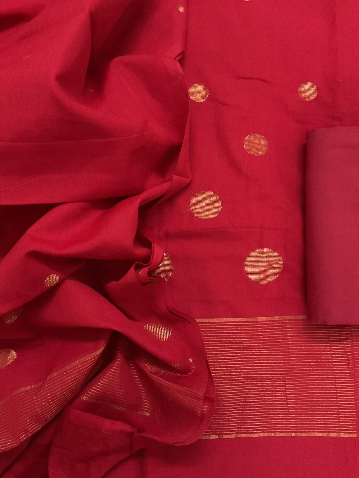 Pure Handloom Cotton Self Weaved Suit - Red