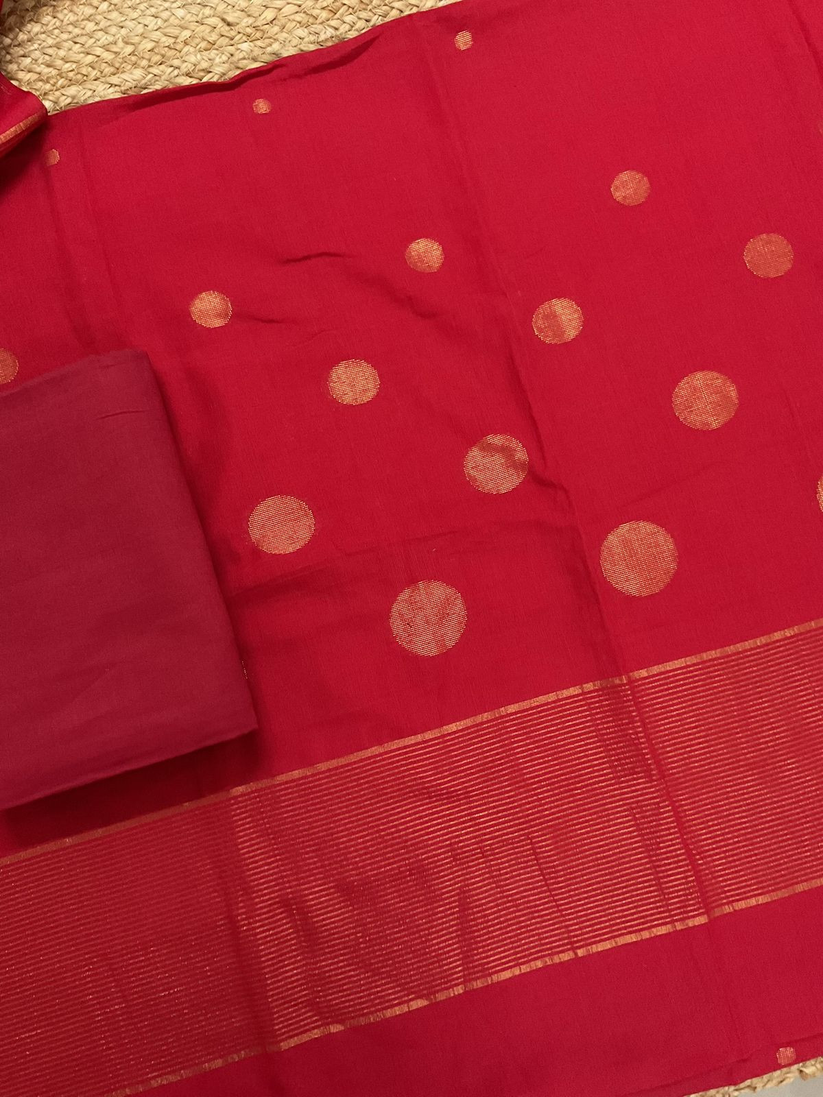 Pure Handloom Cotton Self Weaved Suit - Red