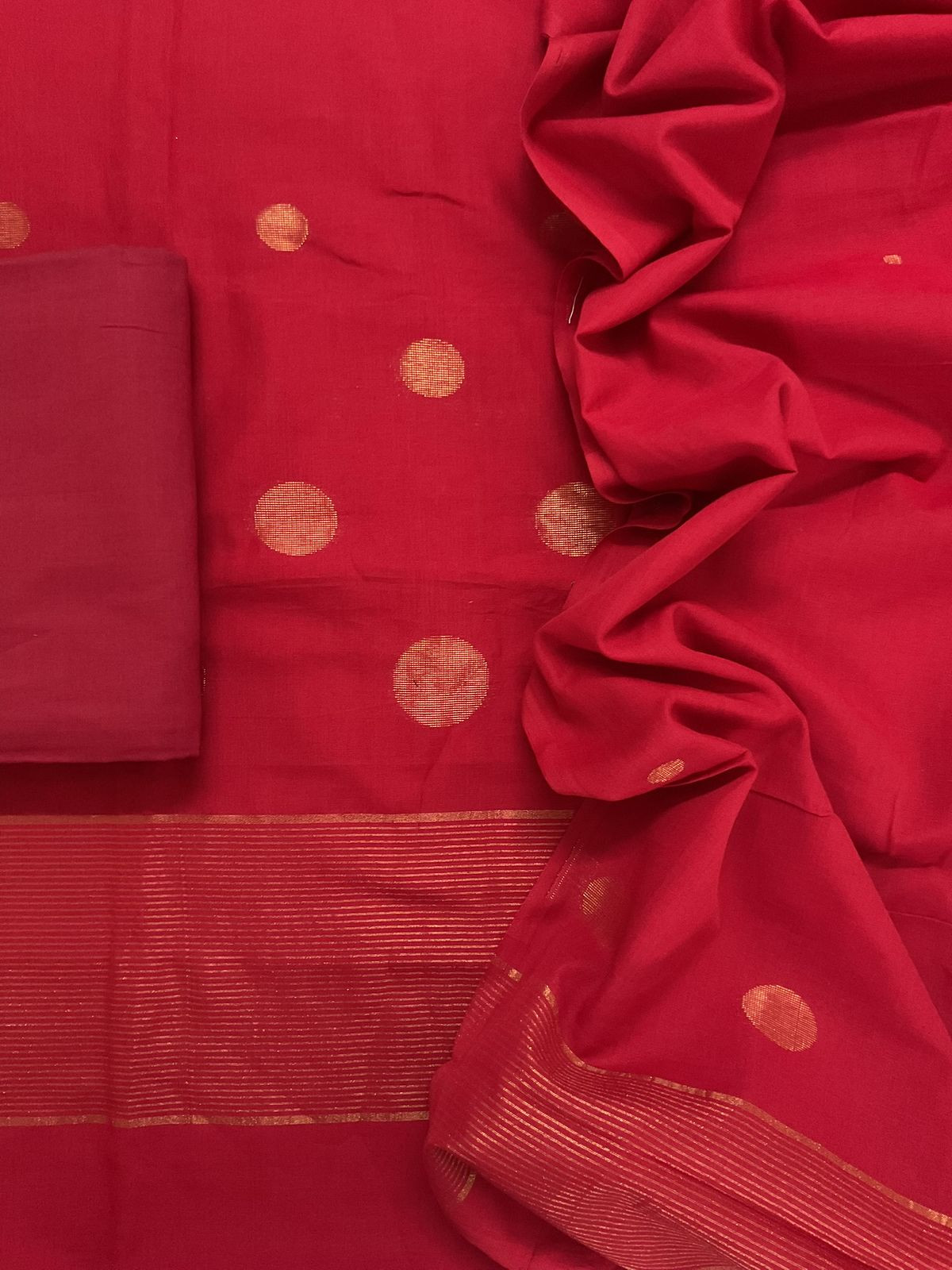 Pure Handloom Cotton Self Weaved Suit - Red