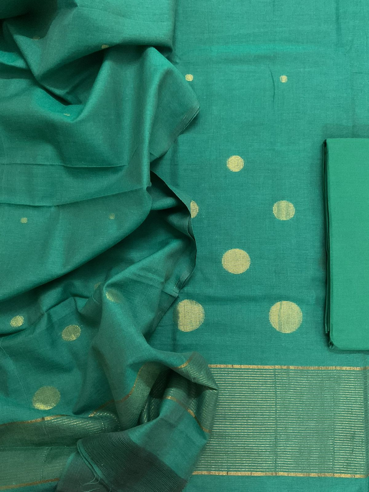 Pure Handloom Cotton Self Weaved Suit - Green