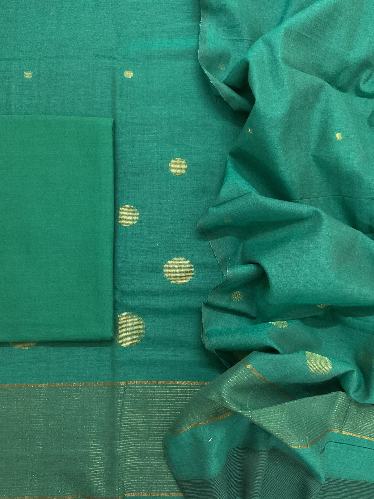 Pure Handloom Cotton Self Weaved Suit - Green