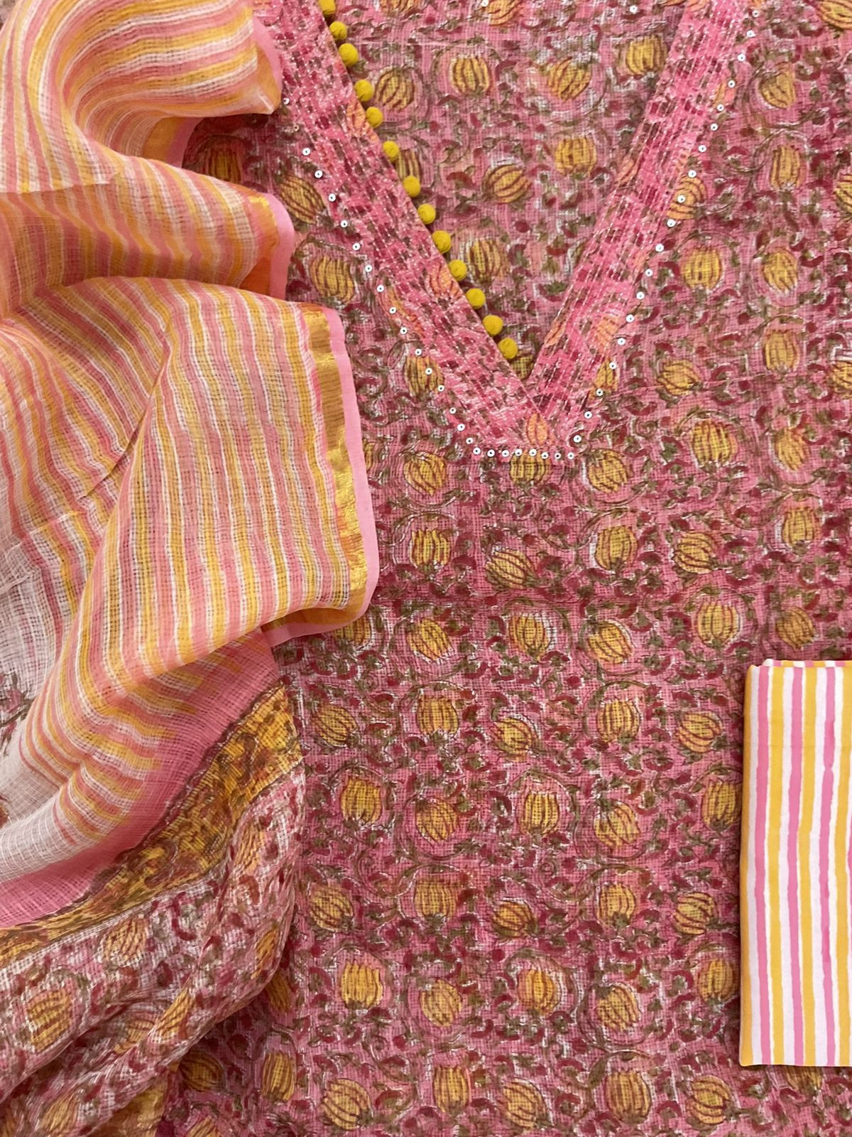 Pure Fine Kota Cotton Block Printed Embroidered Suit - Pink