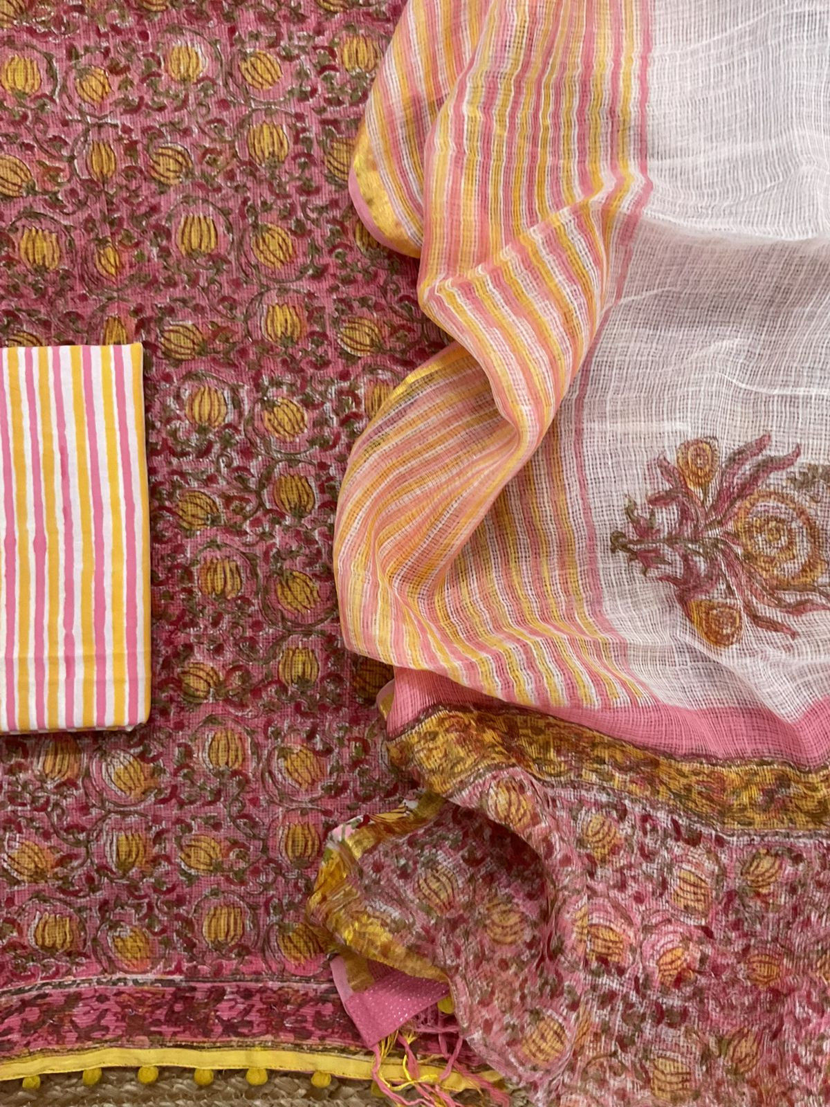 Pure Fine Kota Cotton Block Printed Embroidered Suit - Pink