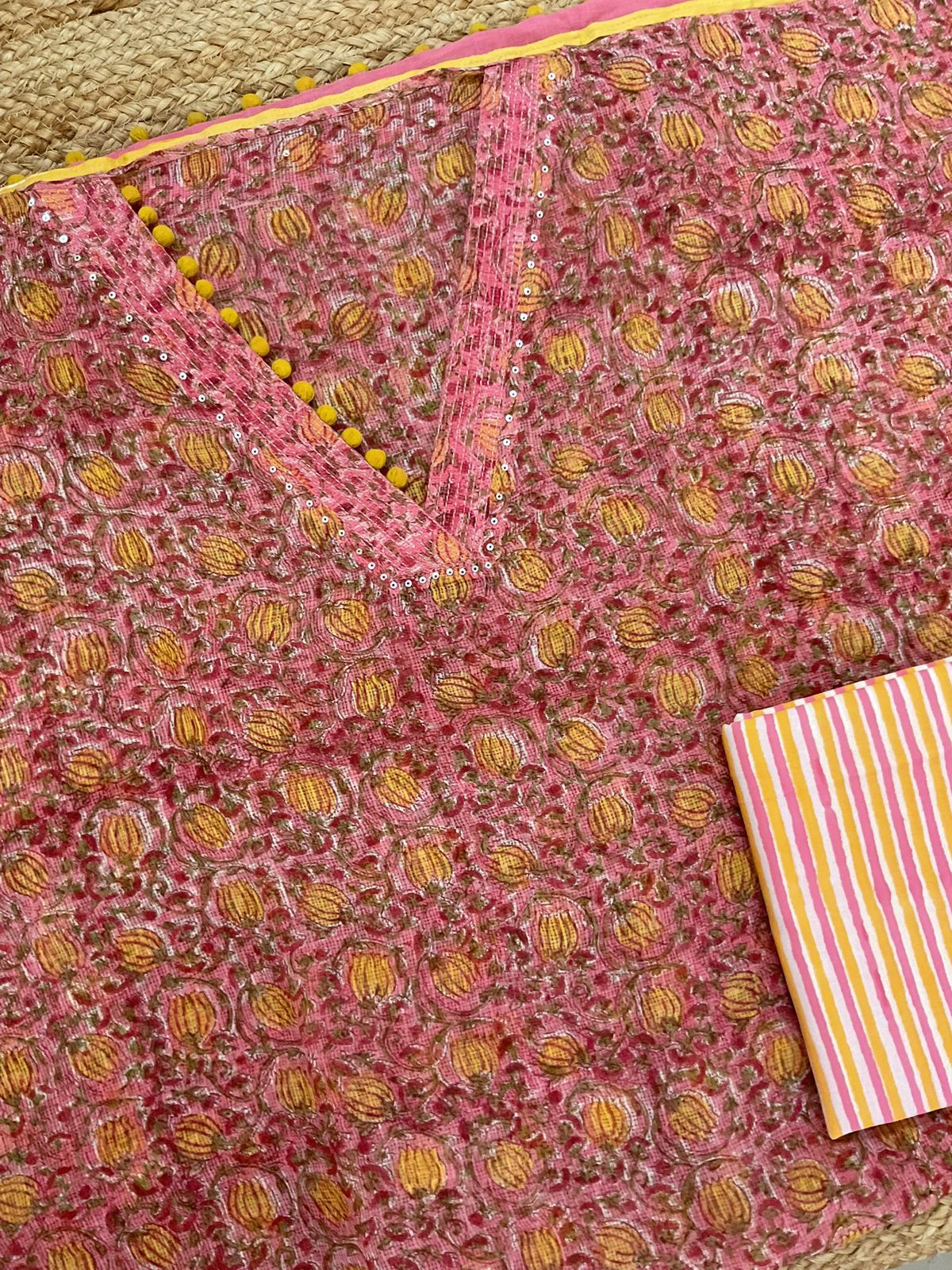 Pure Fine Kota Cotton Block Printed Embroidered Suit - Pink