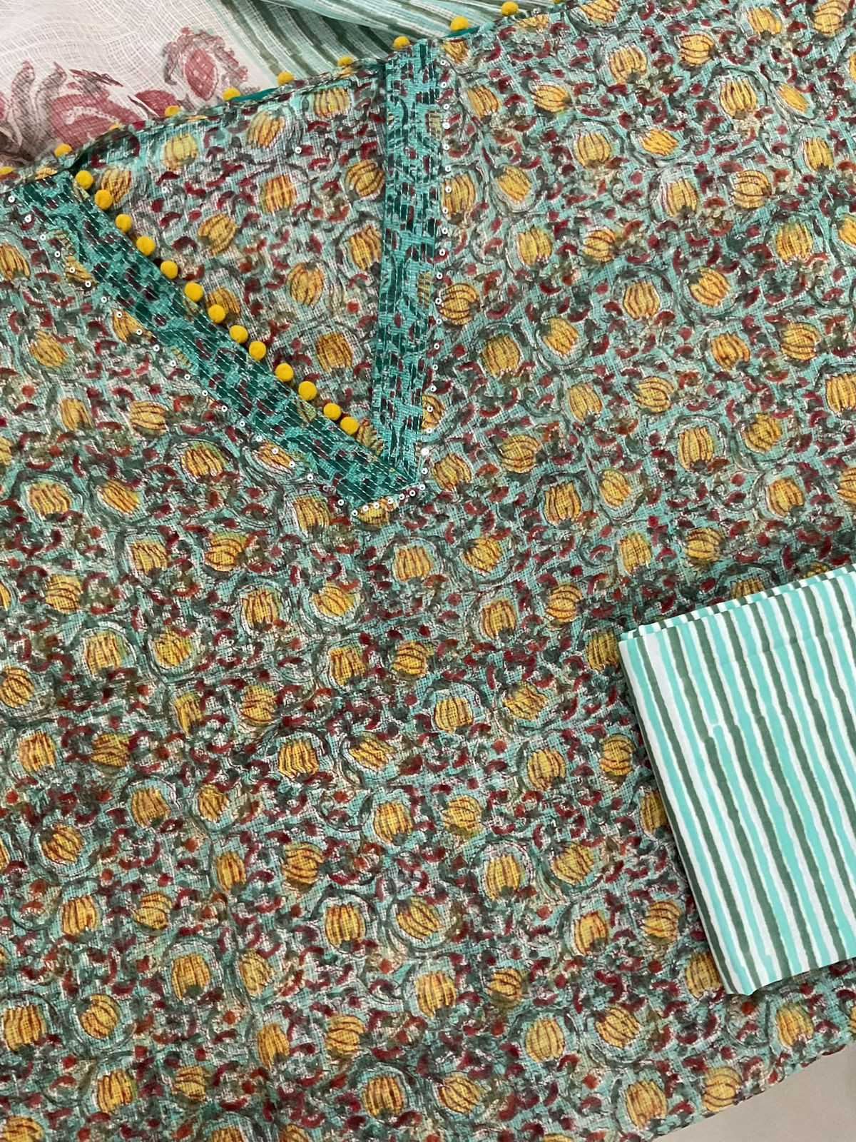 Pure Fine Kota Cotton Block Printed Embroidered Suit - Blue