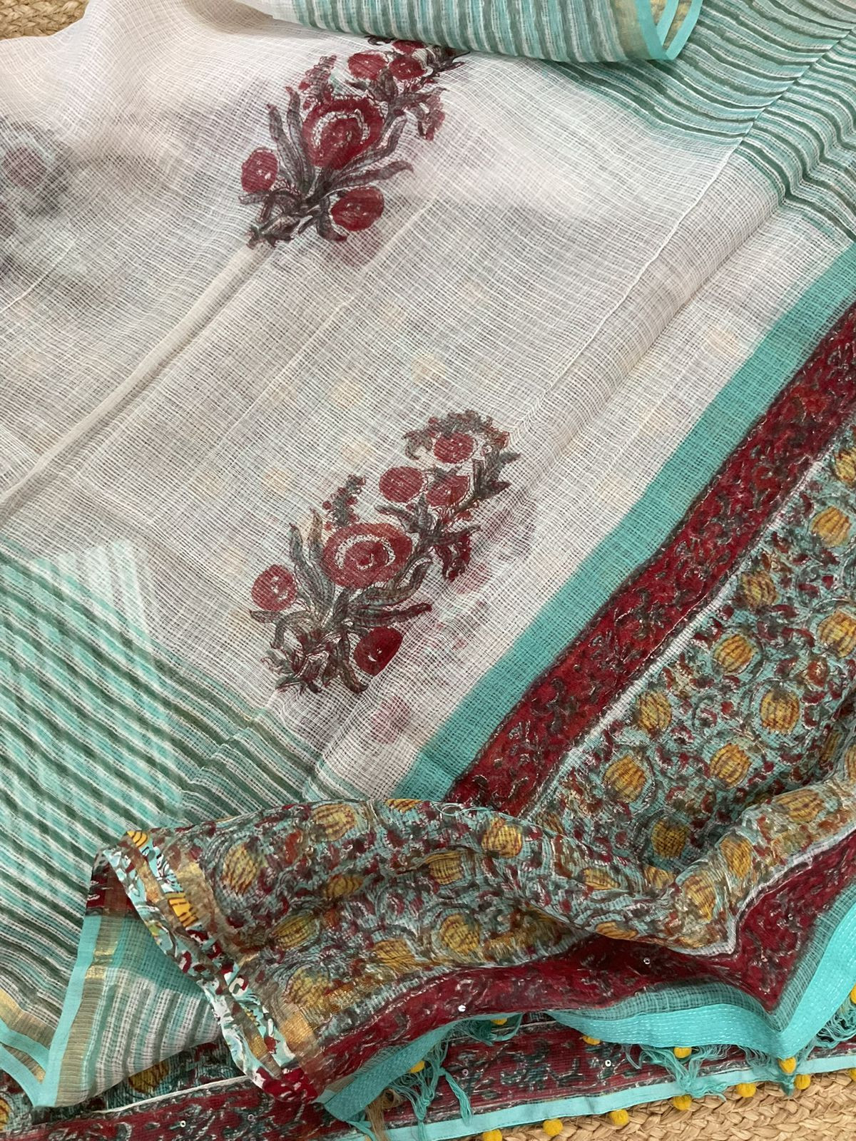 Pure Fine Kota Cotton Block Printed Embroidered Suit - Blue
