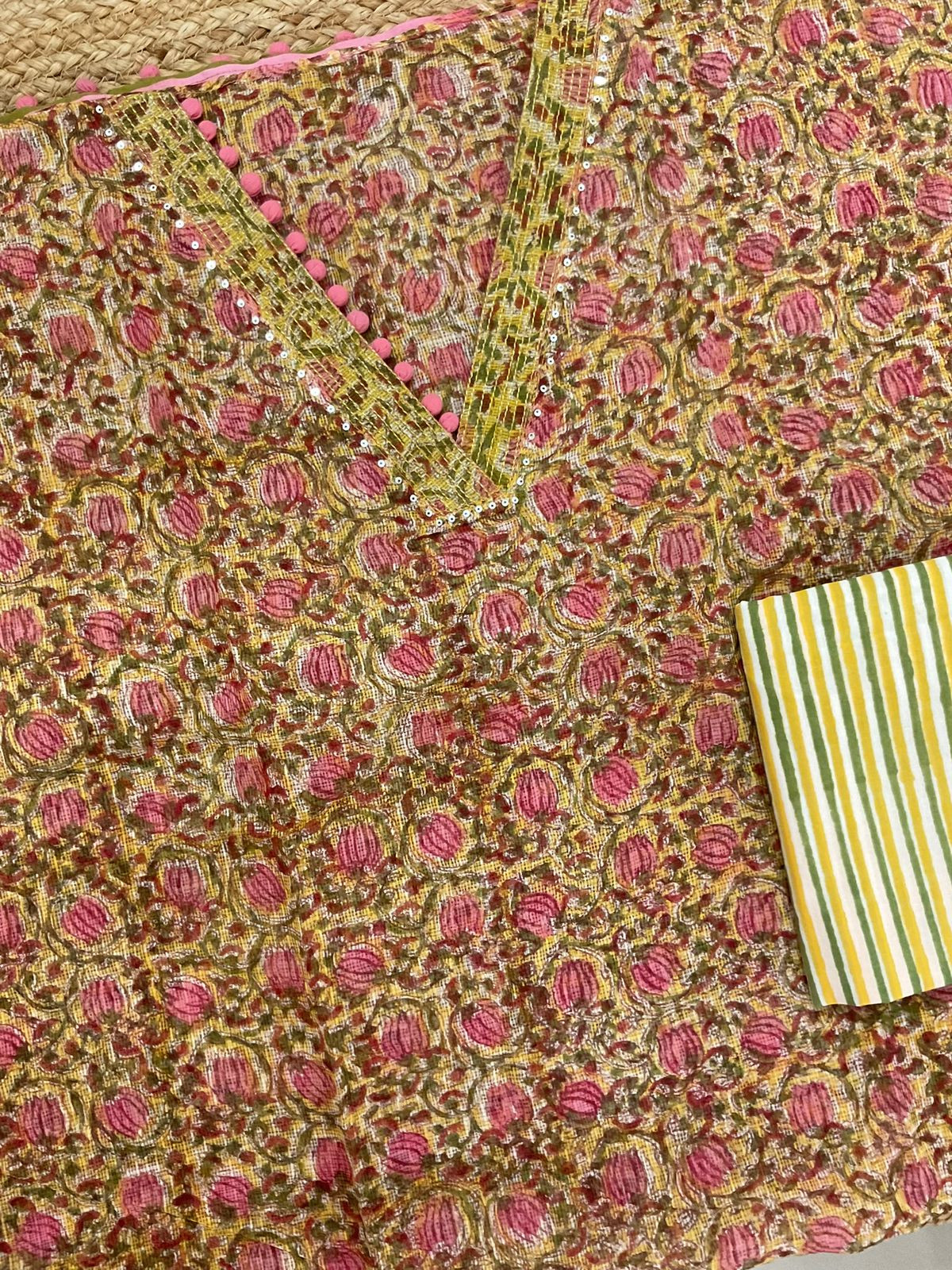 Pure Fine Kota Cotton Block Printed Embroidered Suit - Yellow