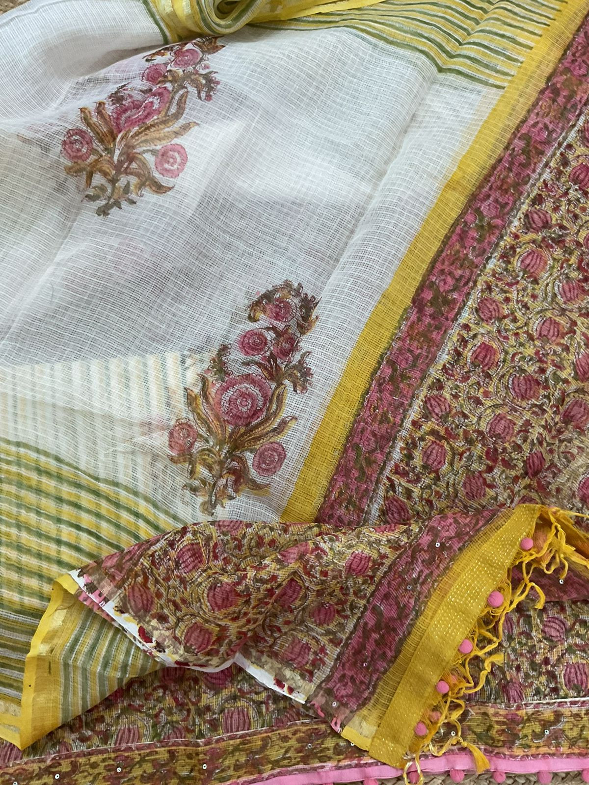 Pure Fine Kota Cotton Block Printed Embroidered Suit - Yellow