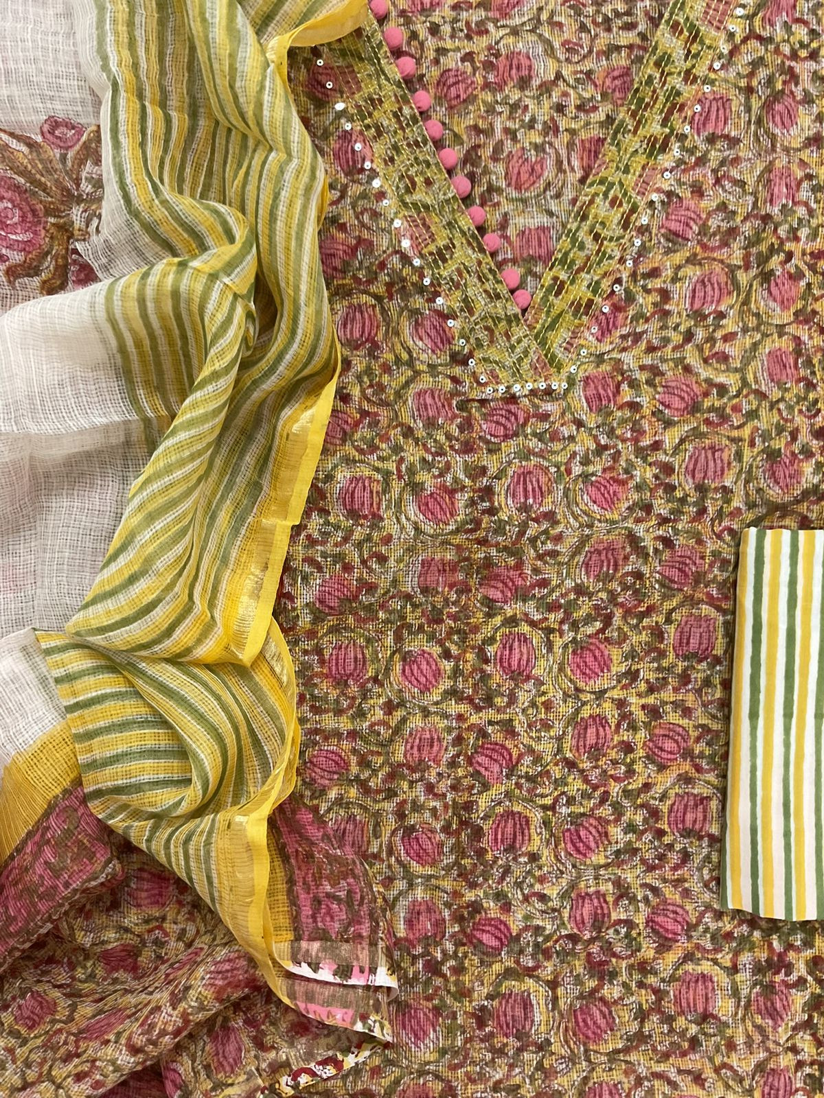 Pure Fine Kota Cotton Block Printed Embroidered Suit - Yellow